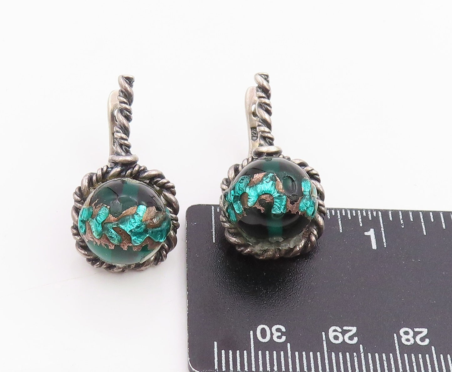 925 Sterling Silver Vintage Earrings Green Gemstone Twisted Rope Drop  EG14213