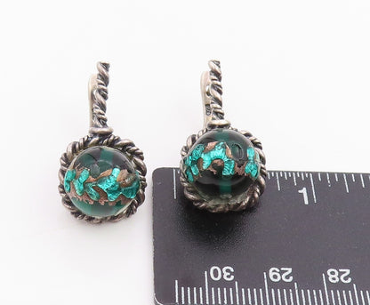 925 Sterling Silver Vintage Earrings Green Gemstone Twisted Rope Drop  EG14213