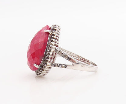 925 Sterling Silver Vintage Ring Drop Cut Red Gemstone Halo Topaz Sz 8  RG30969