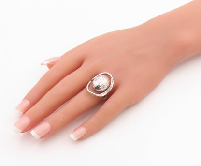 925 Sterling Silver Vintage Ring Modernist Hammered Orb Band  Sz 8  RG36305