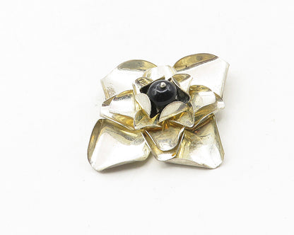 MEXICO 925 Sterling Silver  Vintage Black Onyx Shiny Flower Brooch Pin  BP4080