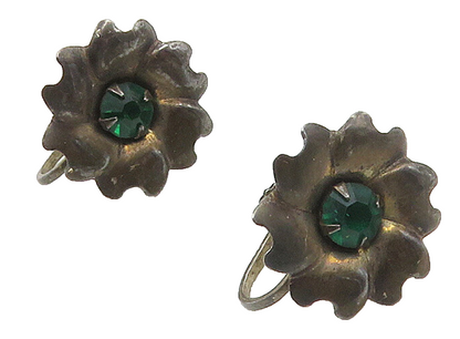 925 Sterling Silver  Vintage Green Topaz Floral Non Pierce Earrings  EG8046