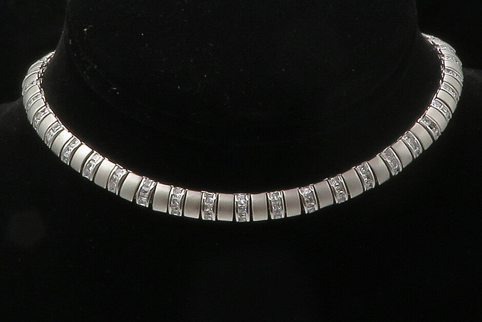 925 Sterling Silver  Sparkling Cubic Zirconia Matte Chain Necklace  NE2408