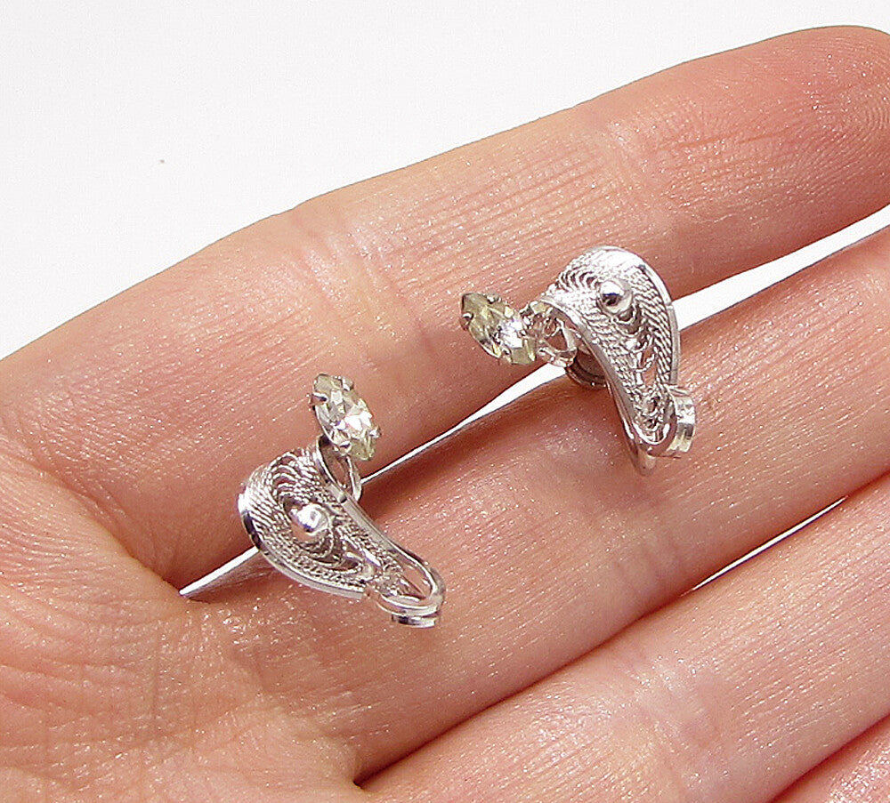 925 Silver  Cubic Zirconia Laced Leaf Non Pierced Screw Back Earrings  EG1853