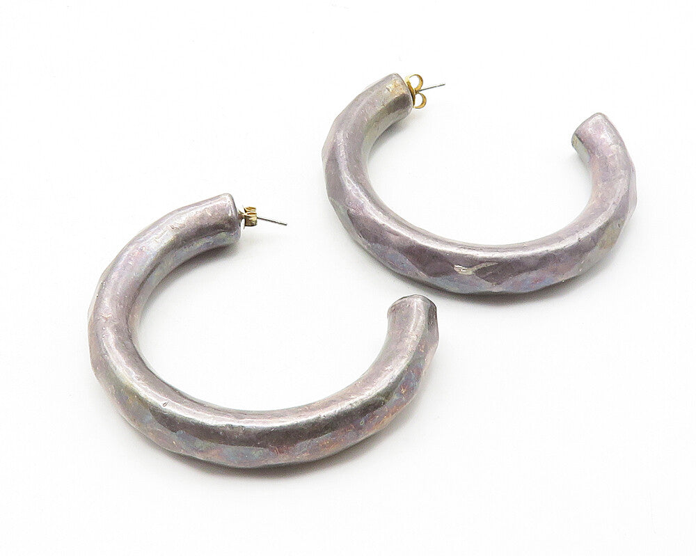 ISRAEL 925 Silver   Vintage Dark Tone Hollow Hammered JHoop Earrings  EG5755