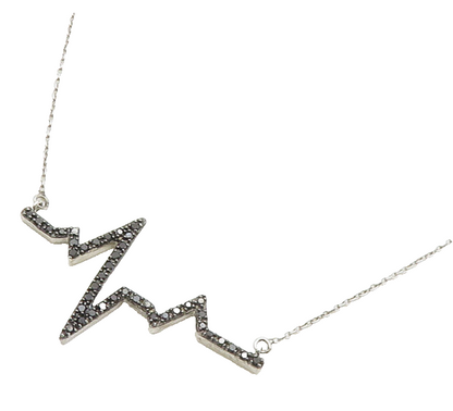 925 Sterling Silver  Genuine Black Diamonds Heartbeat Chain Necklace  NE3018