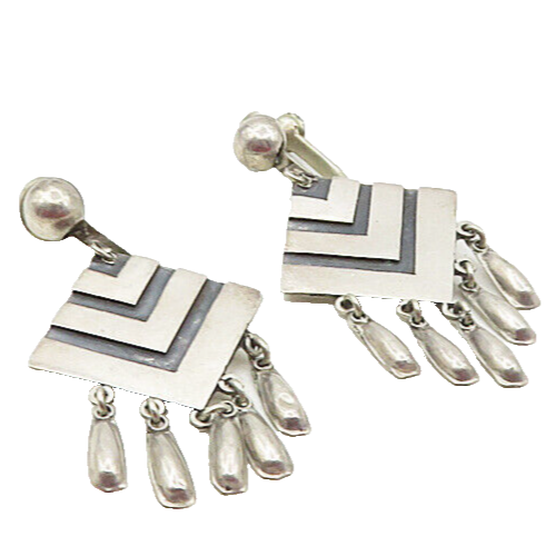 SPS MEXICO 925 Silver  Vintage Oxidized Arrow Pattern Dangle Earrings  EG4796