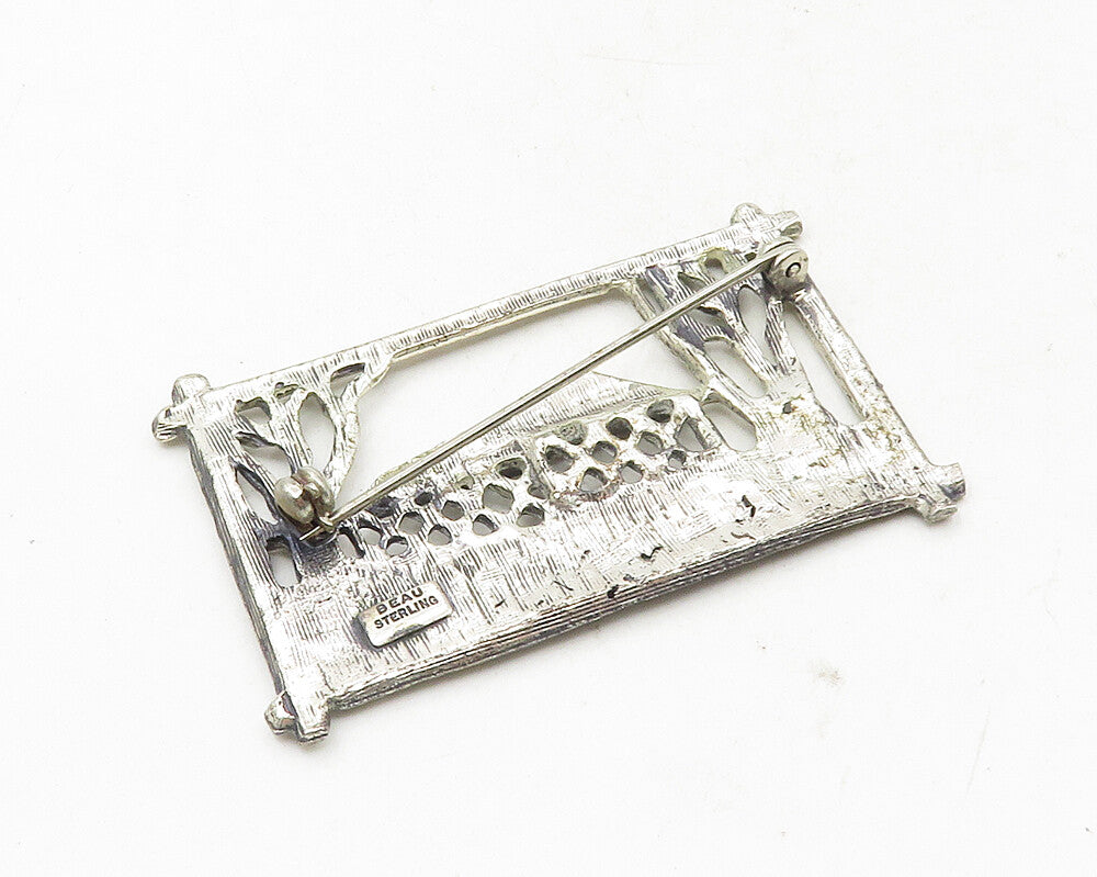 BEAU 925 Sterling Silver  Vintage Shiny Road Forest Scene Brooch Pin  BP3630