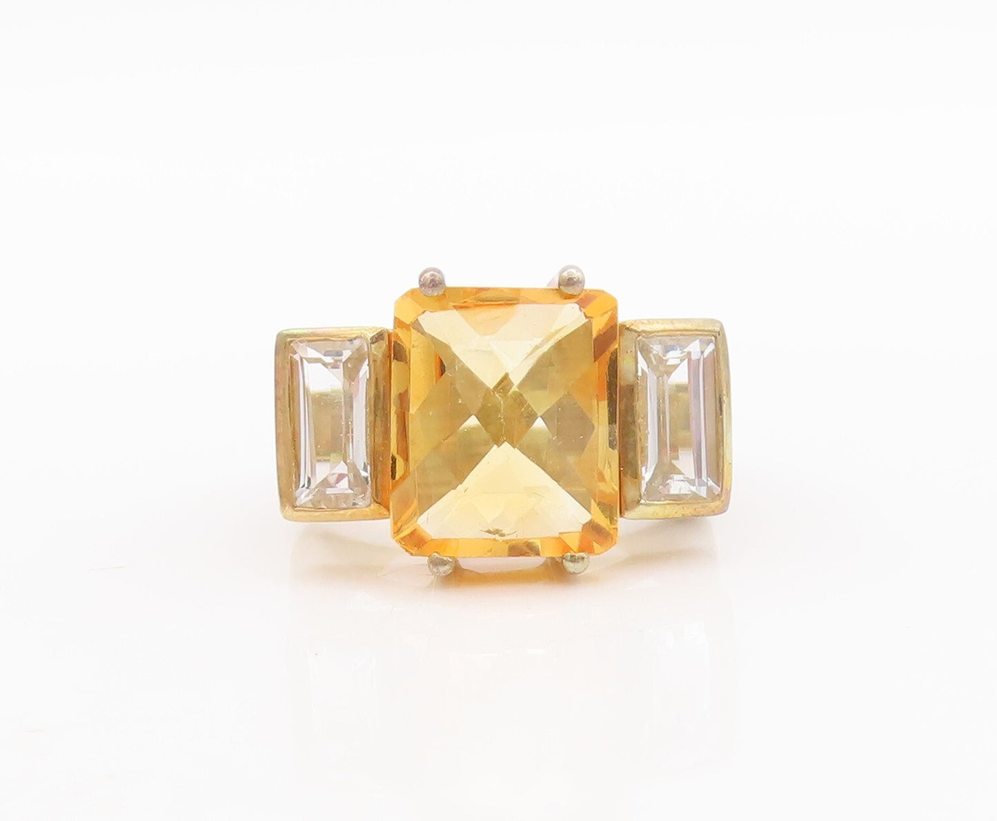 925 Sterling Silver Vintage Ring Gold Plated Rectangle Citrine CZ  Sz 7  RG29475