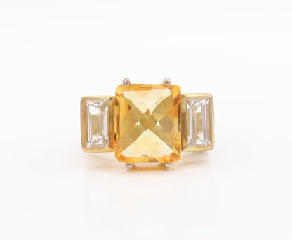 925 Sterling Silver Vintage Ring Gold Plated Rectangle Citrine CZ  Sz 7  RG29475