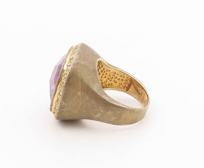 925 Sterling Silver Vintage Ring Gold Plated Amethyst Halo CZ Band Sz 6 RG36235