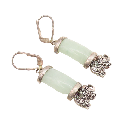 925 Silver  Vintage Carved Marcasite Elephant Rectangle Jade Earrings  EG12670