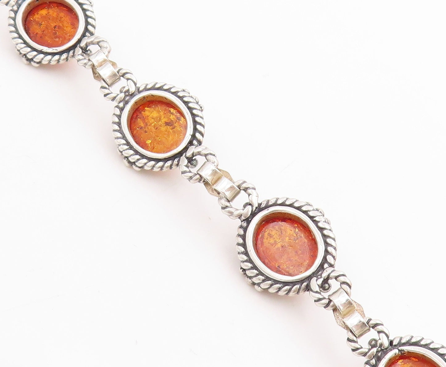 925 Sterling Silver Vintage Bracelet Cabochon Honey Amber Link Chain  BT11849