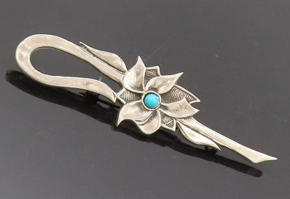 925 Sterling Silver  Vintage Swirly Carved Turquoise Flower Brooch Pin BP10458