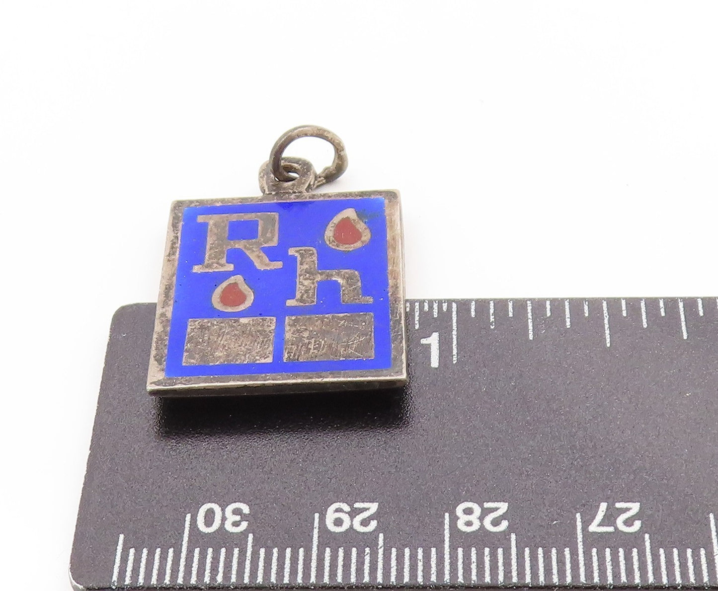 925 Sterling Silver Vintage Pendant Enameled RH Factor Medical ID Tag  PT25026