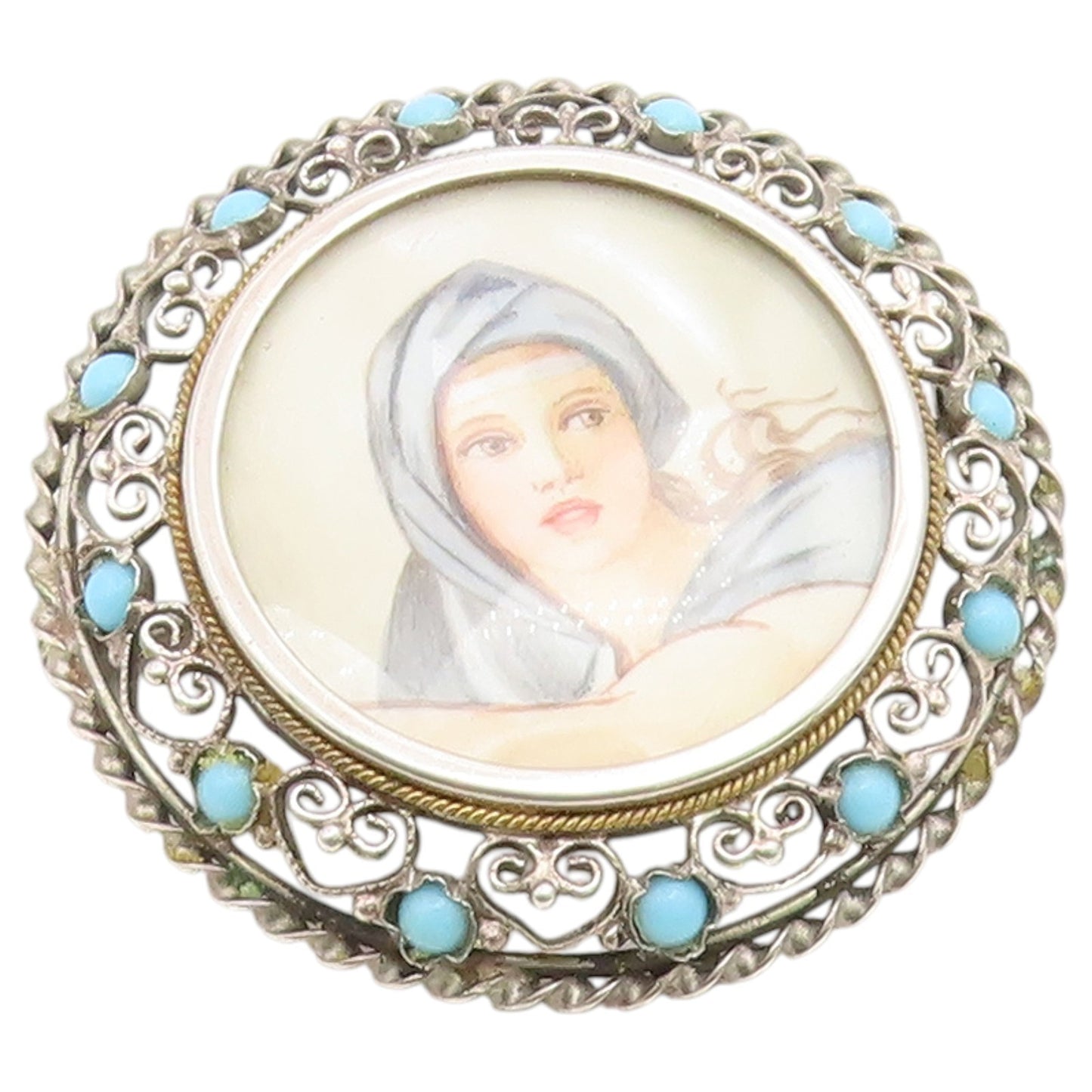925 Sterling Silver Vintage Brooch Pin Turquoise Openwork Lady Portrait  BP12647