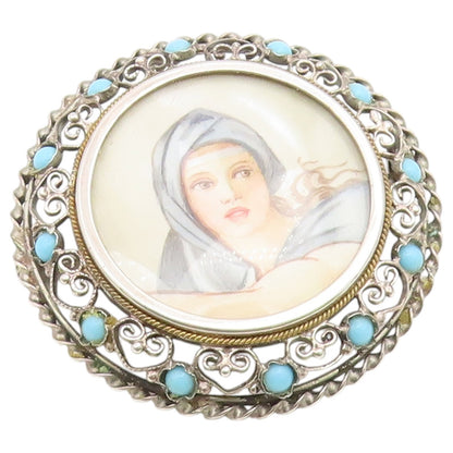 925 Sterling Silver Vintage Brooch Pin Turquoise Openwork Lady Portrait  BP12647