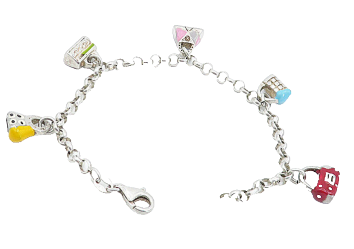 925 Sterling Silver  Vintage Enamel Handbag Charmed Chain Bracelet  BT3108