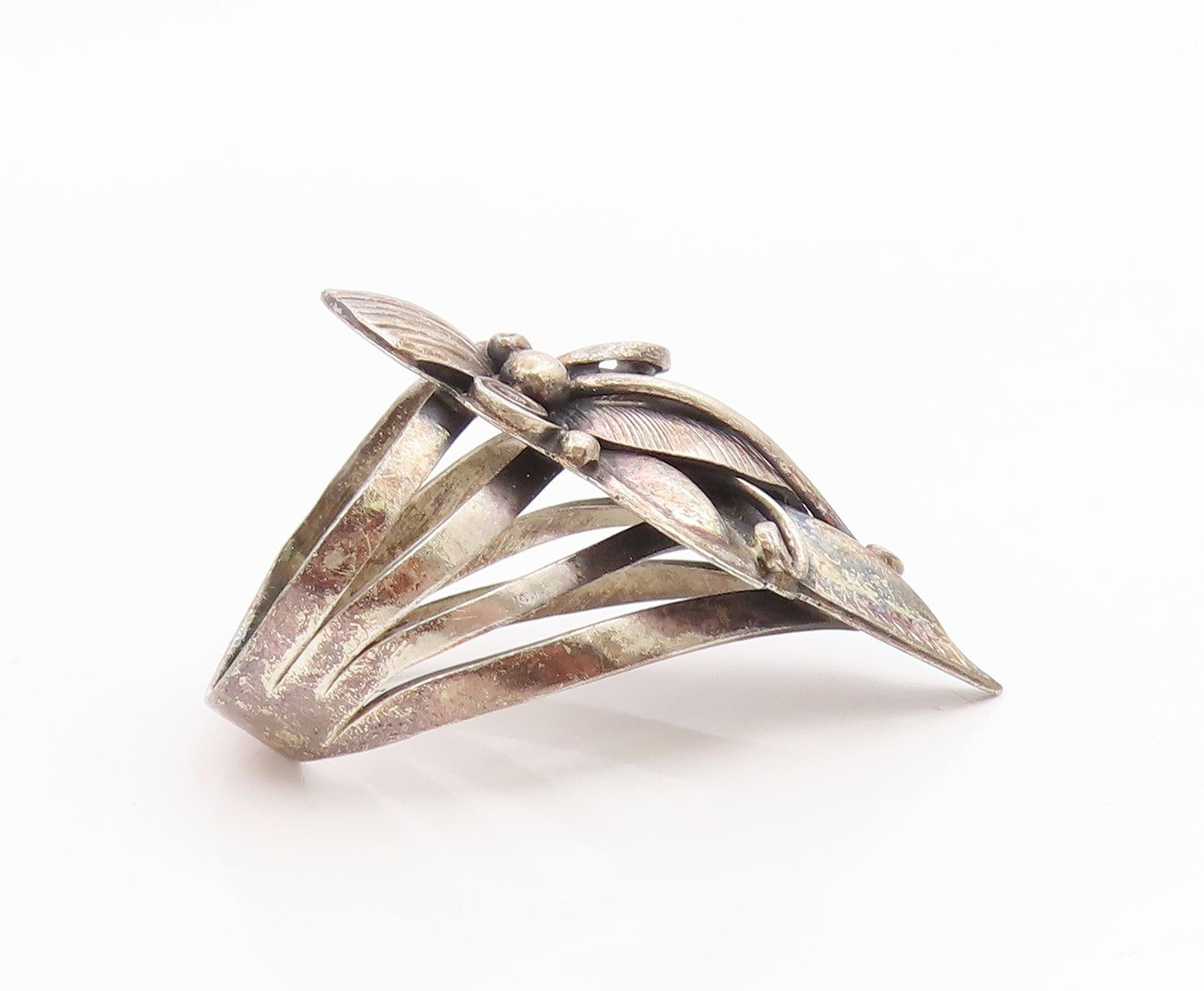 925 Sterling Silver Vintage Ring NAVAJO Flower & Feather Band  Sz 8.5  RG36123