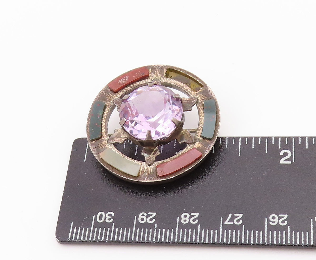 925 Sterling Silver Vintage Brooch Antique Amethyst Halo Gemstone Wheel  BP11673