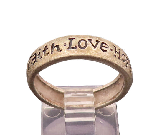 925 Silver  Vintage Minimalist Carved Faith Love Hope Ring Sz 7  RG26600