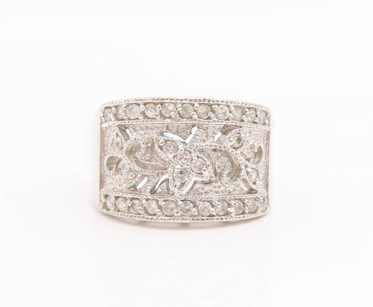 925 Sterling Silver Vintage Ring Elegant CZ Openwork Floral Band Sz 7.5 RG34925