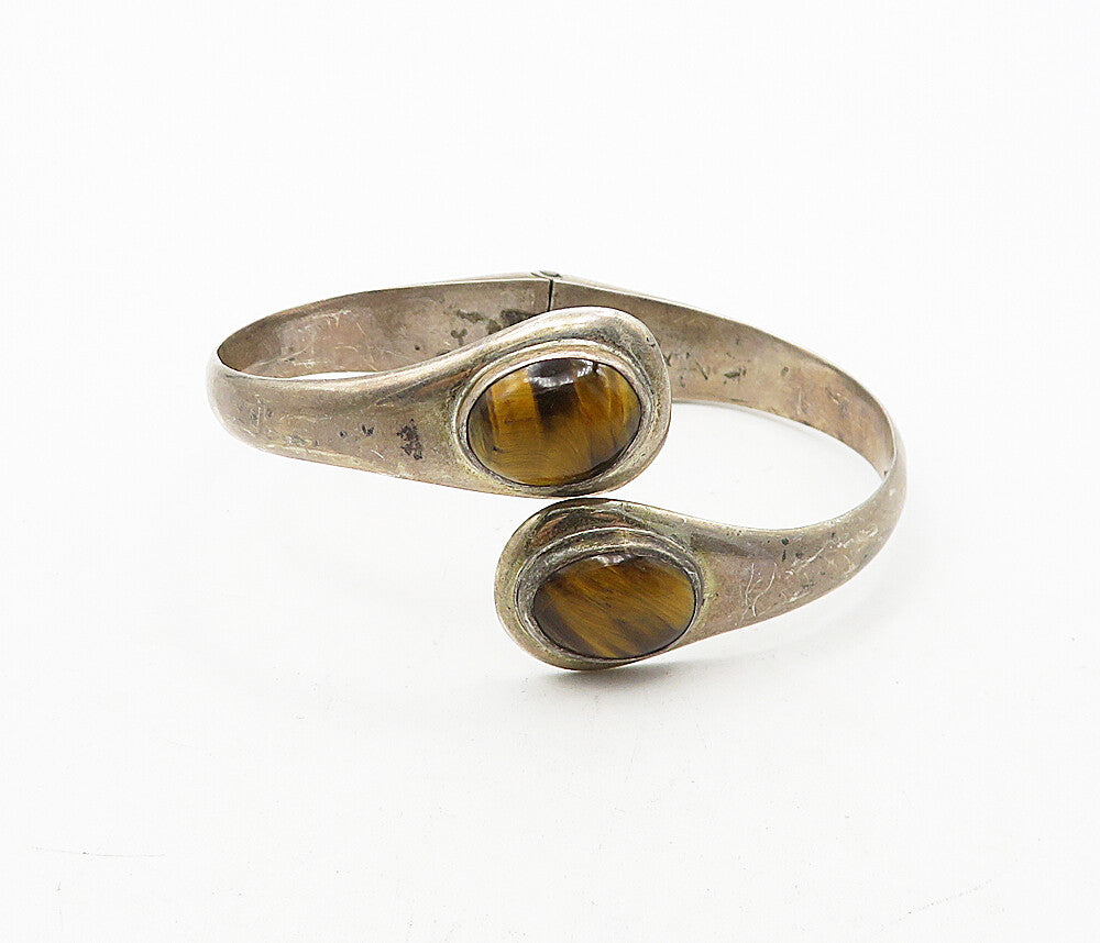 MEXICO 925 Silver Vintage Cabochon Tiger's Eye Bypass Cuff Bracelet BT1694