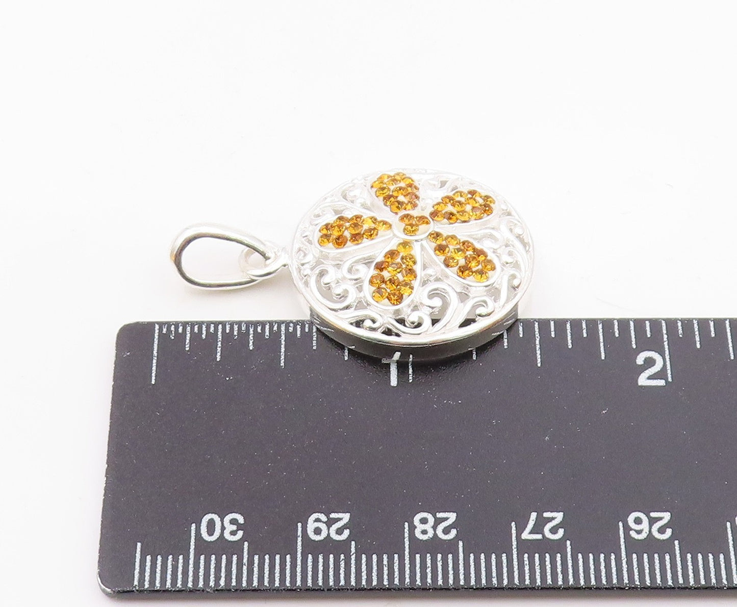 925 Sterling Silver  Citrine Flower Shiny Swirl Round Drop Pendant  PT14551