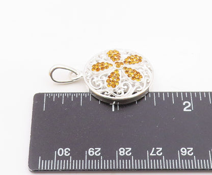 925 Sterling Silver  Citrine Flower Shiny Swirl Round Drop Pendant  PT14551