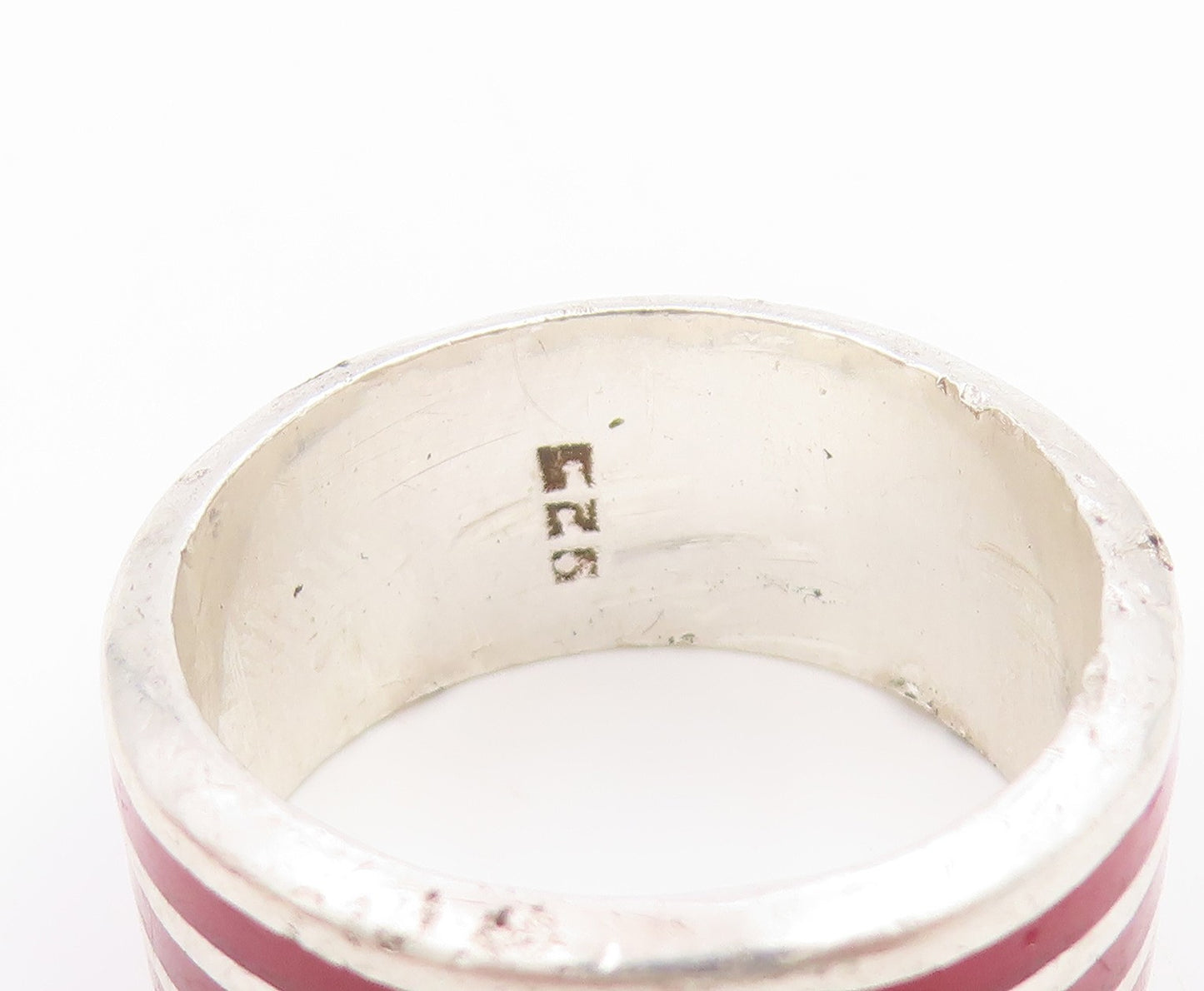 925 Sterling Silver Vintage Ring Red Enameled Wide Stripes Band  Sz 7  RG36092