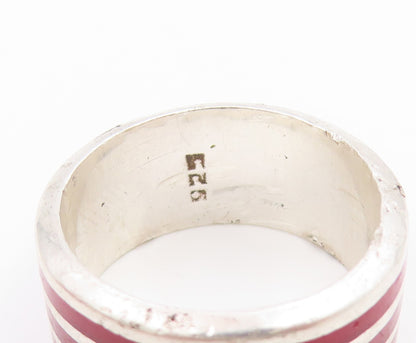 925 Sterling Silver Vintage Ring Red Enameled Wide Stripes Band  Sz 7  RG36092