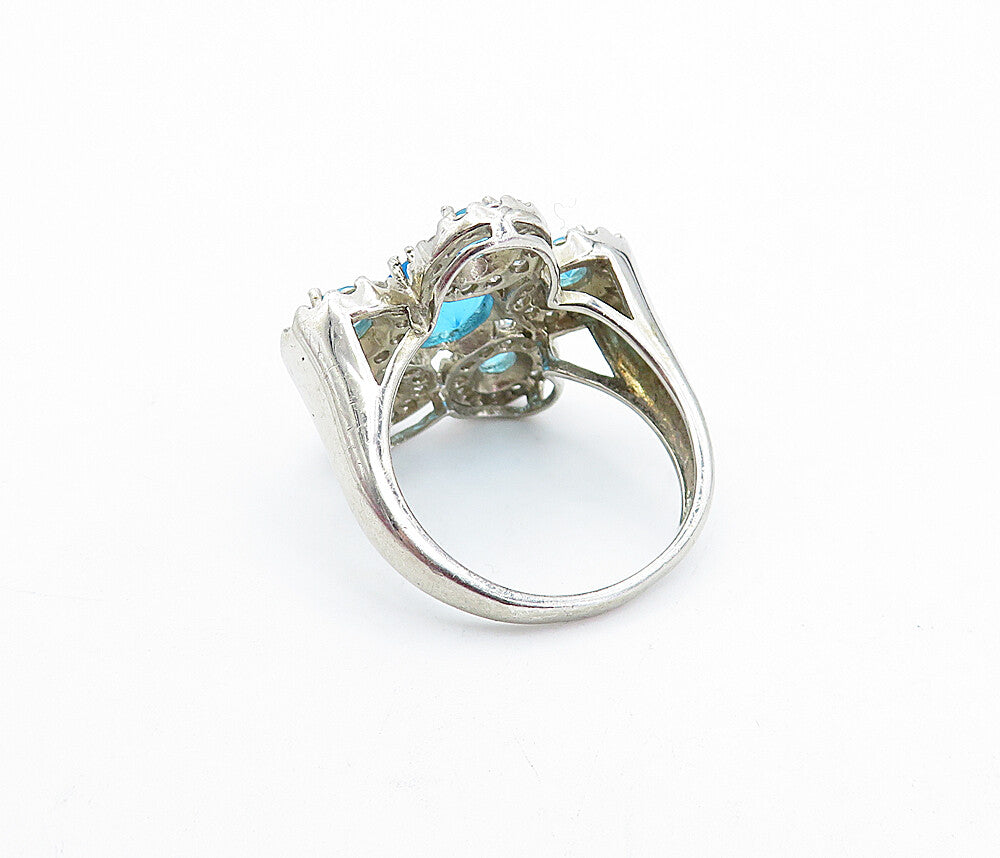 925 Sterling Silver Blue & White Topaz Floral Cocktail Ring Sz 8 RG4113