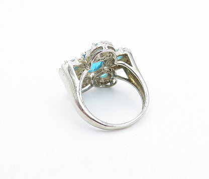 925 Sterling Silver Blue & White Topaz Floral Cocktail Ring Sz 8 RG4113