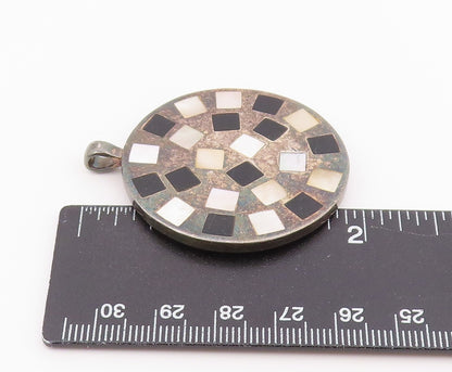 925 Sterling Silver Vintage Pendant Mother Of Pearl & Onyx Inlay Circle  PT26374