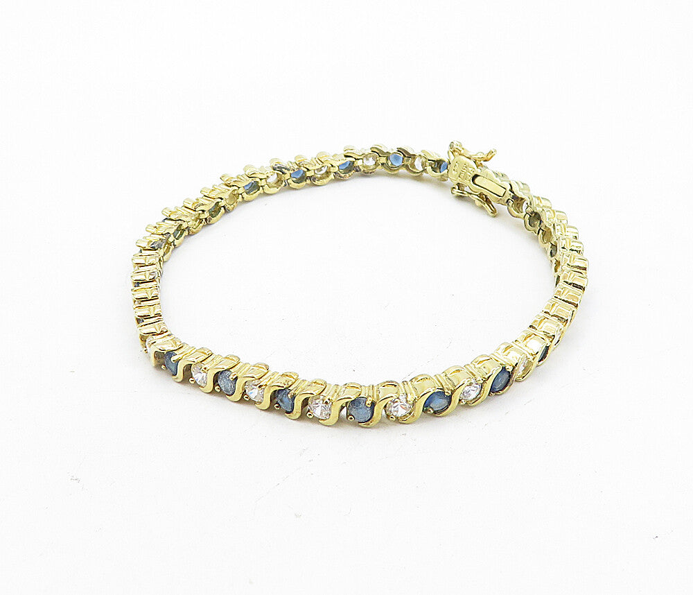 925 Sterling Silver  Sapphire & Cubic Zirconia Shiny Tennis Bracelet  BT3639