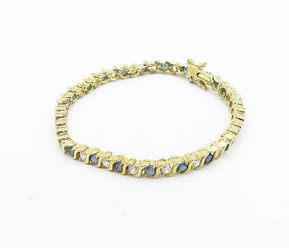 925 Sterling Silver  Sapphire & Cubic Zirconia Shiny Tennis Bracelet  BT3639