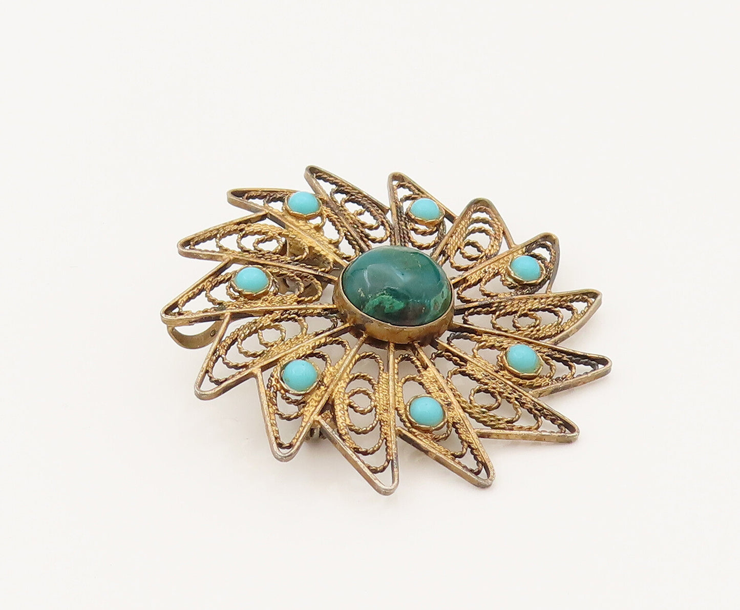 ISRAEL 925 Silver  Vintage Turquoise & Chrysocolla Pinwheel Brooch Pin BP10233