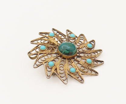 ISRAEL 925 Silver  Vintage Turquoise & Chrysocolla Pinwheel Brooch Pin BP10233