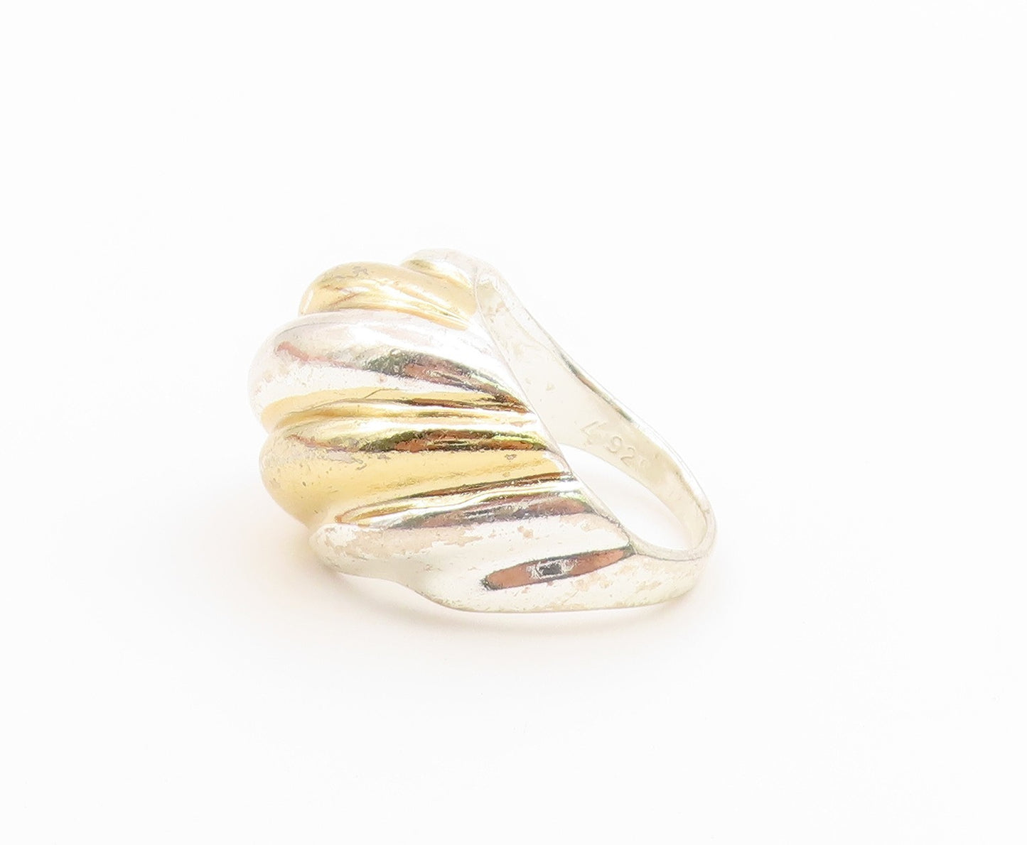 925 Sterling Silver Vintage Ring Two Tone Modernist Ribbed Dome  Sz 7  RG36897