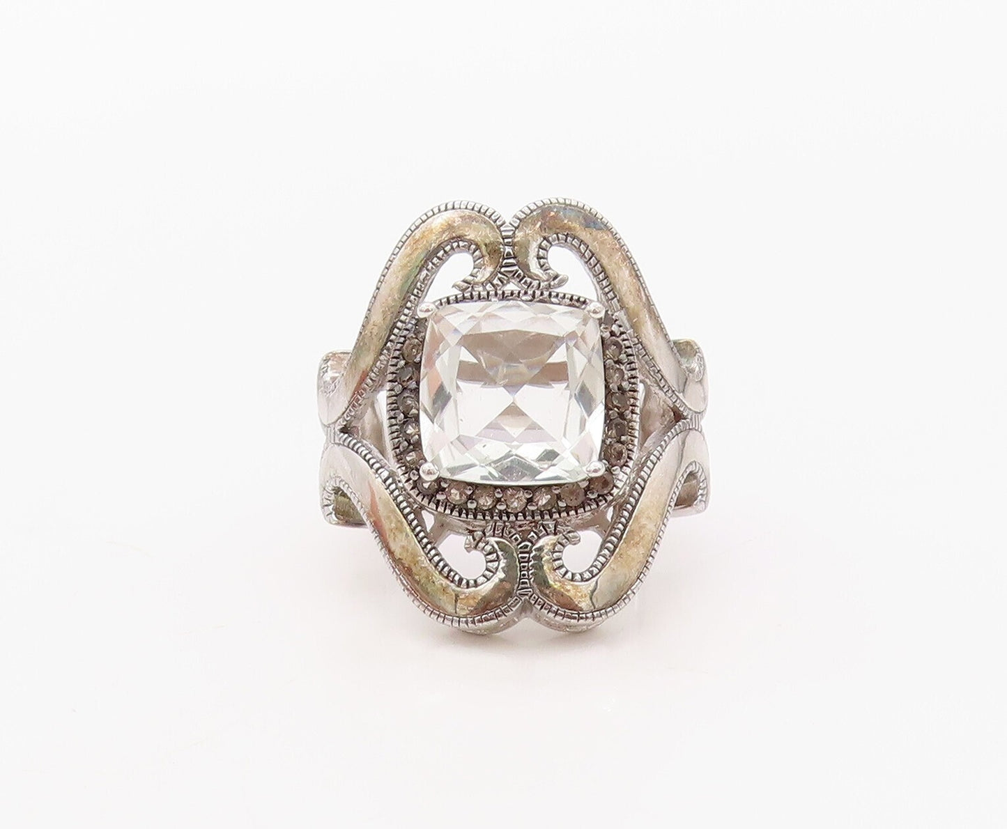 925 Sterling Silver Vintage Ring Designer Swirly Cutout Topaz  Sz 5  RG30565