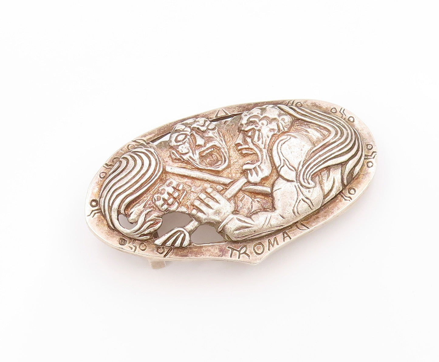 925 Sterling Silver Vintage Belt Buckle Oval God & Devil Fighting Heavy TR3932