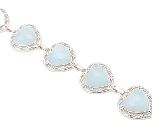 925 Sterling Silver Vintage Bracelet Heart Shape Aquamarine Swirly Cut  BT10710