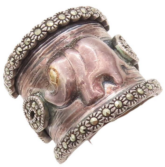 14k Gold 925 Sterling Silver Vintage Ring Elephant Carved Marcasite Sz 7 RG28202
