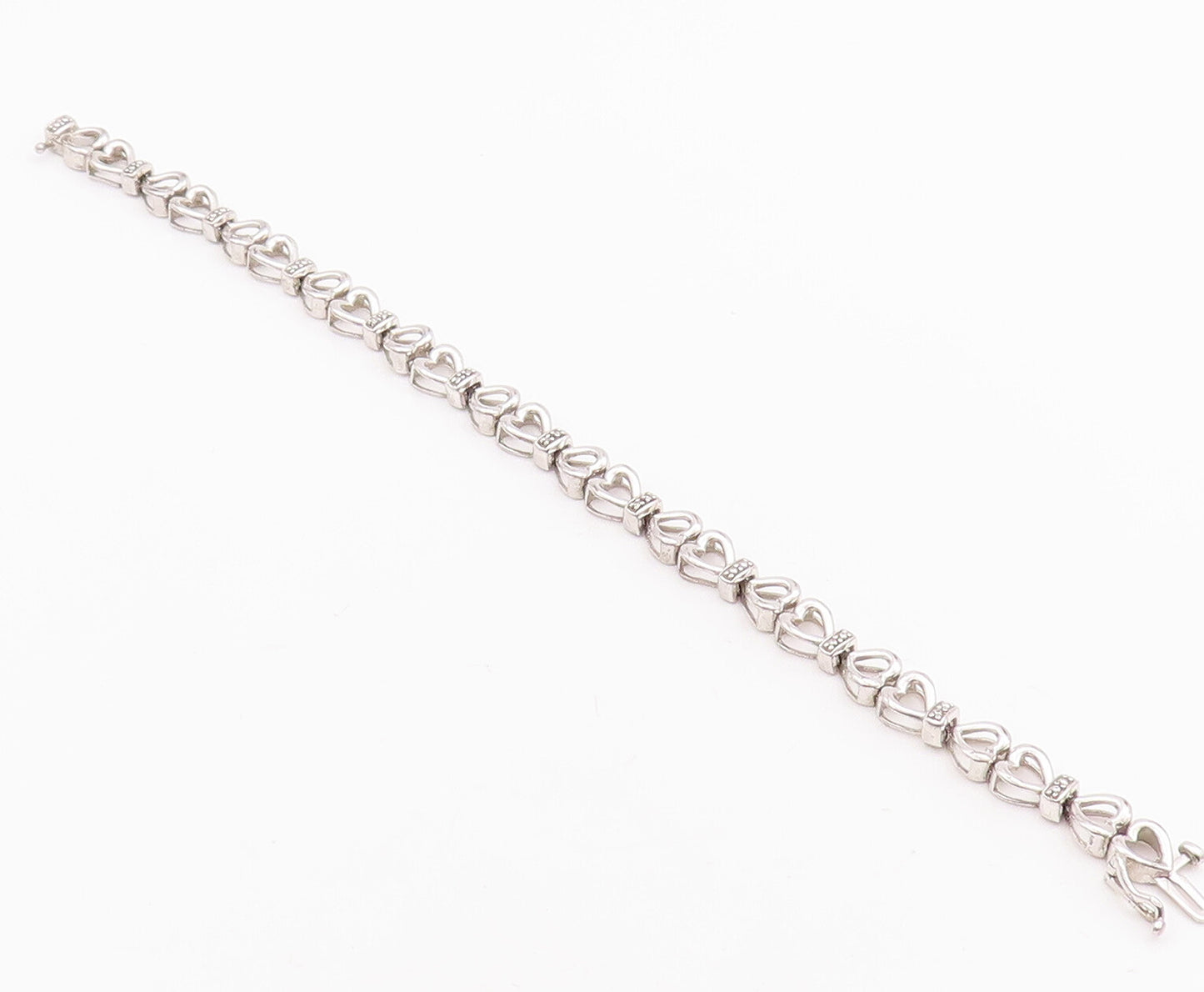 925 Sterling Silver Vintage Bracelet Cutout Real Diamonds Linked Hearts  BT10532