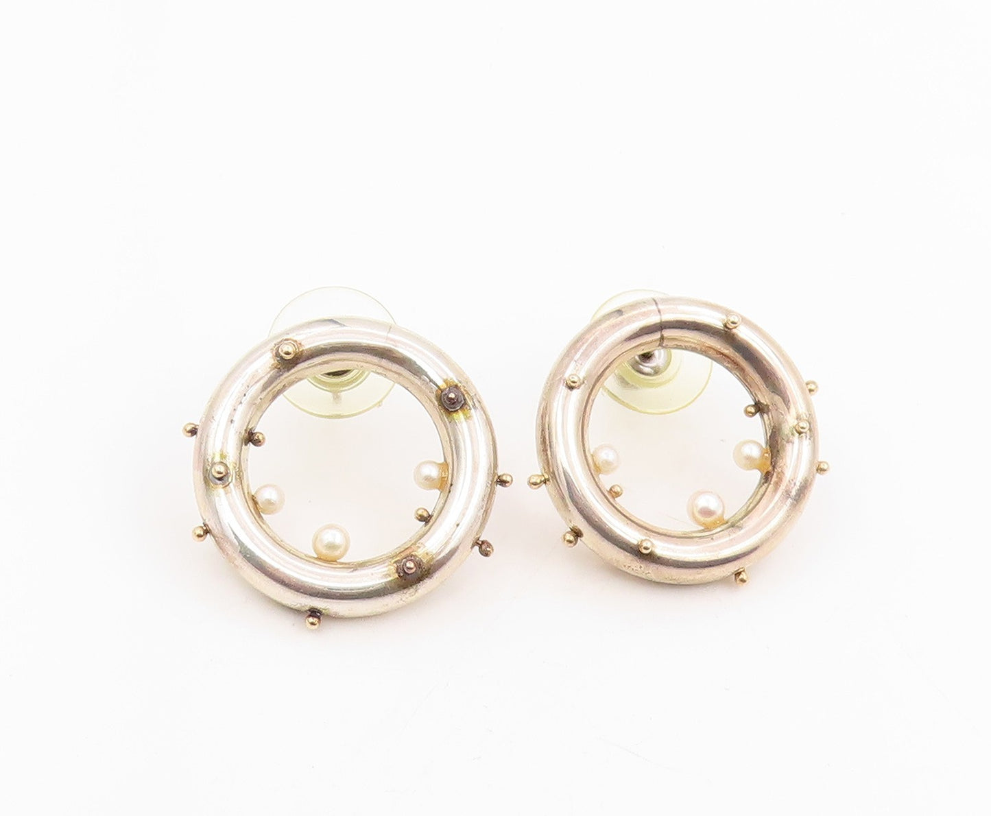 18k Gold & 925 Sterling Silver Vintage Earrings HIROKO YAMADA Pearls  EG13989