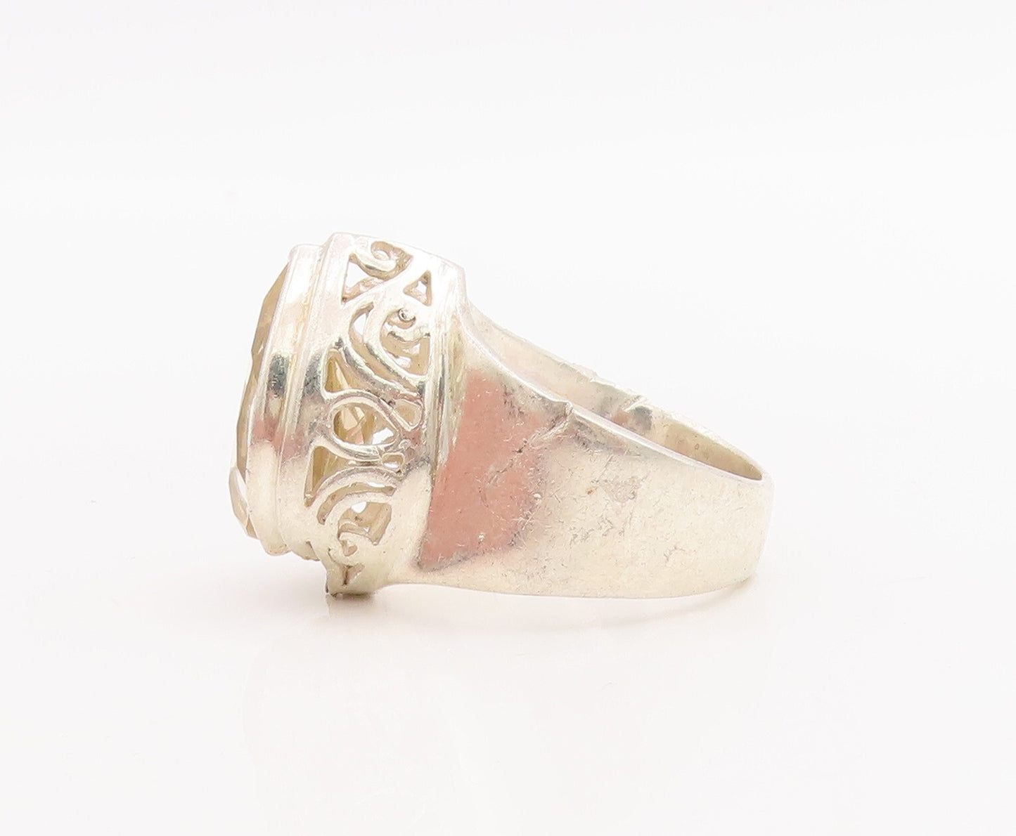 925 Sterling Silver Vintage Ring Swirly Cutout Large Drop Cut Topaz Sz 6 RG28687