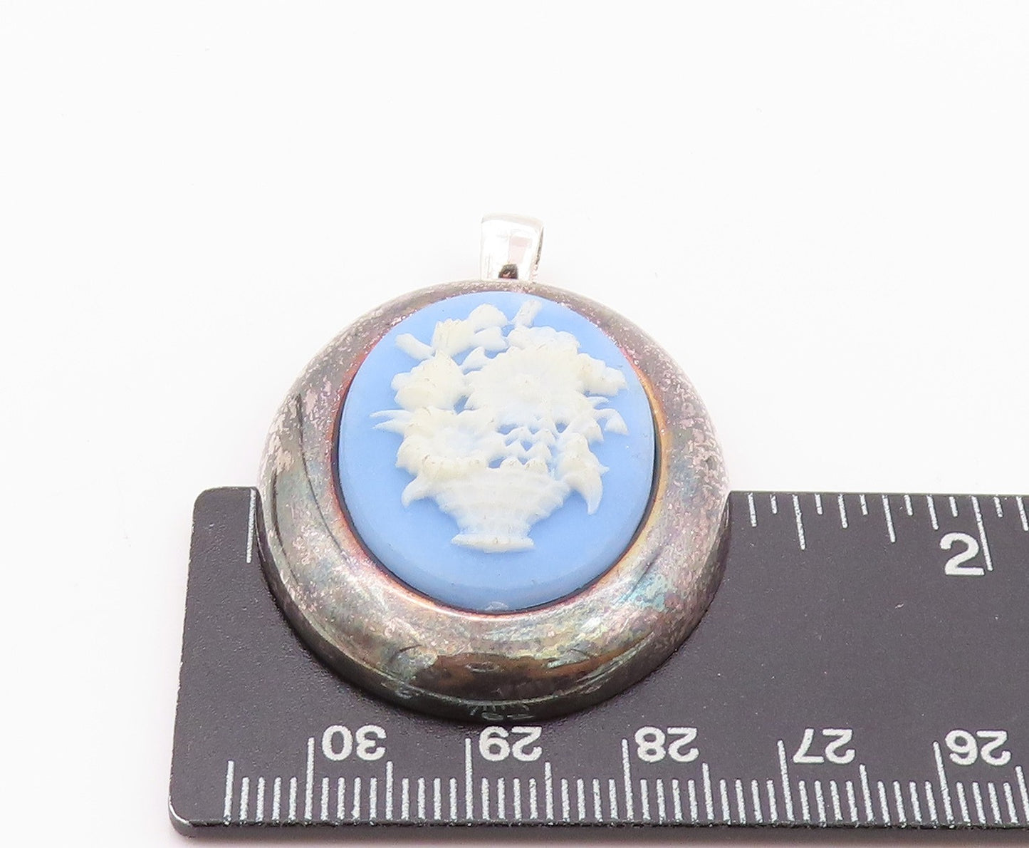 925 Sterling Silver Vintage Brooch Pin Blue Flower Vase Cameo  BP11594