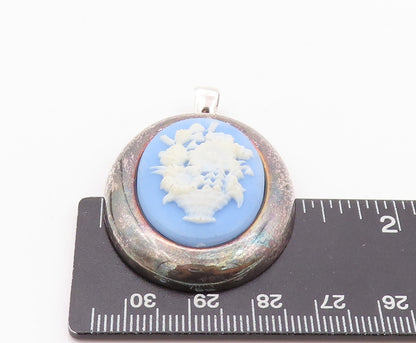 925 Sterling Silver Vintage Brooch Pin Blue Flower Vase Cameo  BP11594