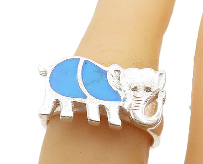925 Sterling Silver  Inlaid Turquoise Elephant Motif Band Ring Sz 6.5  RG8516