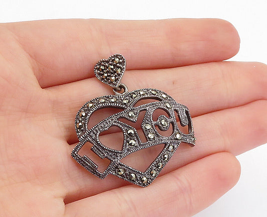925 Sterling Silver  Vintage Marcasite I Love You Open Heart Pendant  PT3978